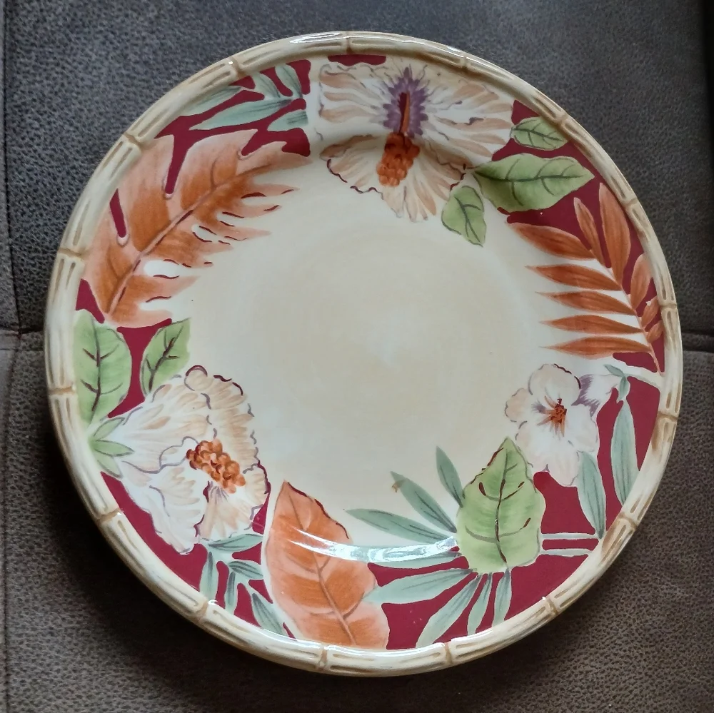 Home Trends Hibiscus And Bamboo Dinner Plate Burgundy, Cream And Green